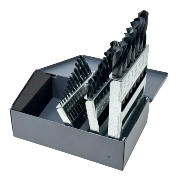 29-piece HSS Stubby Screw Machine Drill Bit Set in a durable steel index, showcasing high-speed steel bits with 135-degree split points.