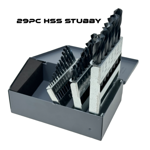 29-piece HSS Stubby Screw Machine Drill Bit Set in a durable steel index, showcasing high-speed steel bits with 135-degree split points.